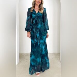 Gingham and Heels Cameilla Longsleeve Maxi Dress in Deep Lagoon Size 6 Green NWT